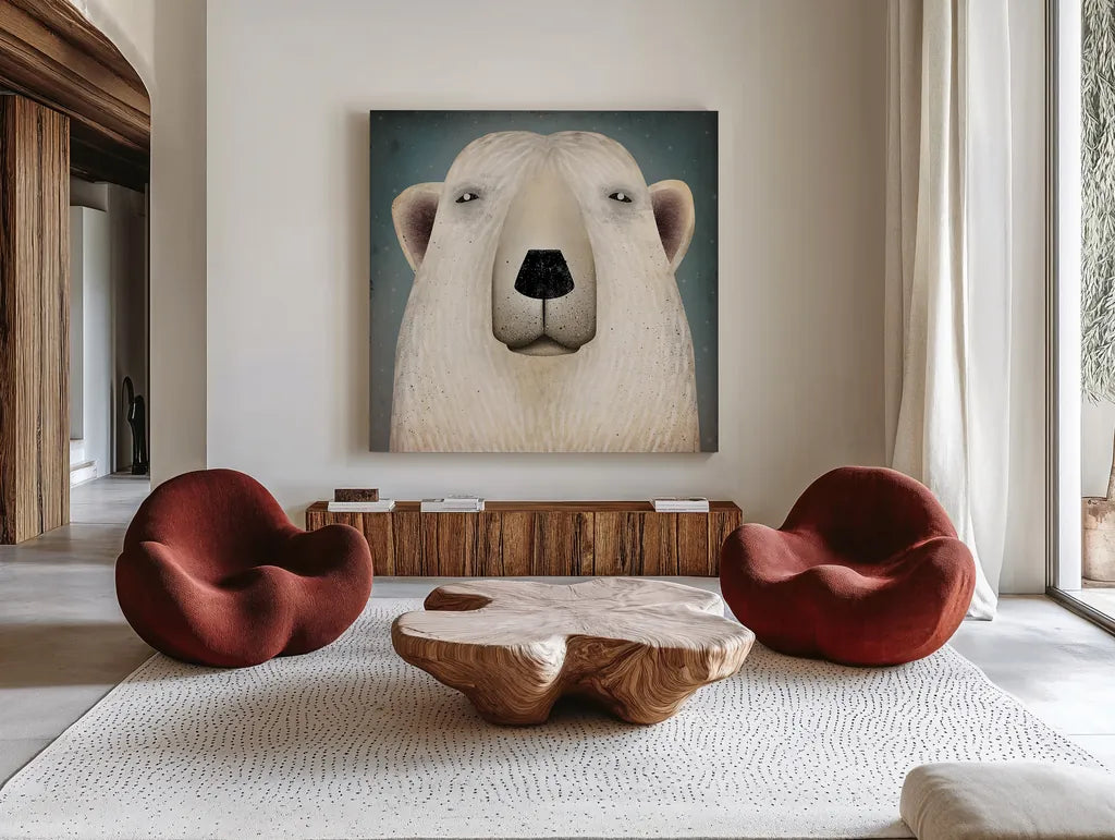 Polar Bear Wow by Ryan Fowler. Shown as extra-large giant wall art in a modern living room. Available as an archival giclee rolled canvas, fine art paper, or poster print. SKU 12201a.