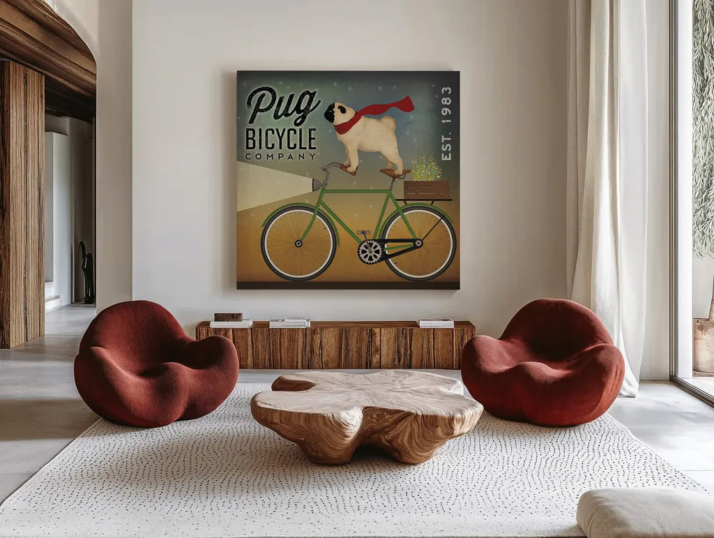 Pug on a Bike by Ryan Fowler. Shown as extra-large giant wall art in a modern living room. Available as an archival giclee rolled canvas, fine art paper, or poster print. SKU 17219a.