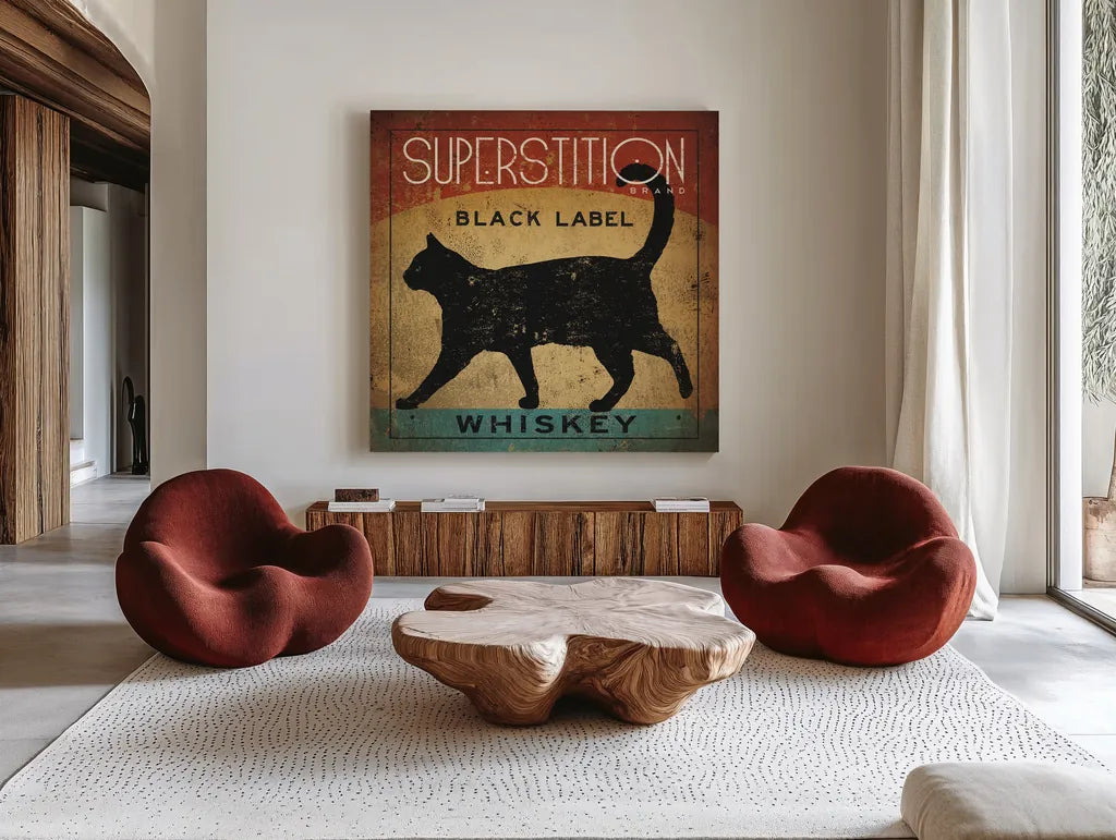 Superstition Black Label Whiskey Cat by Ryan Fowler. Shown as extra-large giant wall art in a modern living room. Available as an archival giclee rolled canvas, fine art paper, or poster print. SKU 28040a.