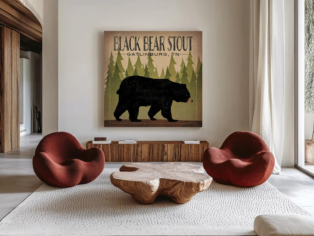 Take a Hike Bear Black Bear Stout by Ryan Fowler. Shown as extra-large giant wall art in a modern living room. Available as an archival giclee rolled canvas, fine art paper, or poster print. SKU 30841a.