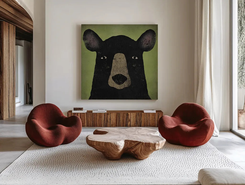 The Black Bear by Ryan Fowler. Shown as extra-large giant wall art in a modern living room. Available as an archival giclee rolled canvas, fine art paper, or poster print. SKU 21699a.