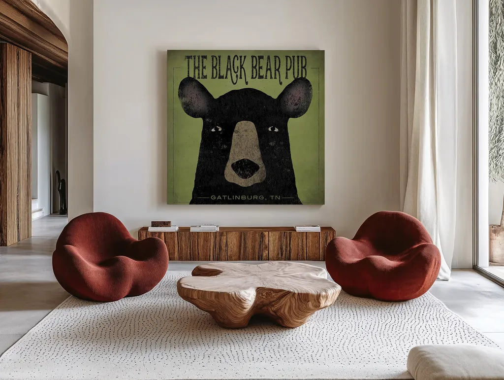 The Black Bear Pub by Ryan Fowler. Shown as extra-large giant wall art in a modern living room. Available as an archival giclee rolled canvas, fine art paper, or poster print. SKU 30842a.