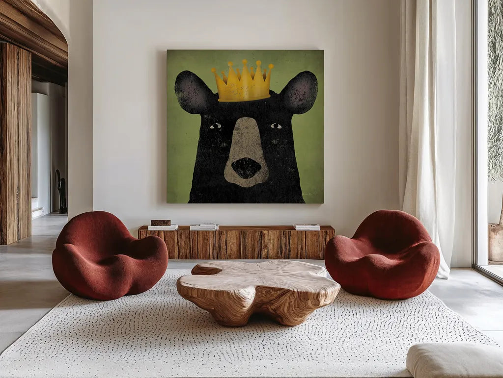 The Black Bear with Crown by Ryan Fowler. Shown as extra-large giant wall art in a modern living room. Available as an archival giclee rolled canvas, fine art paper, or poster print. SKU 35511a.