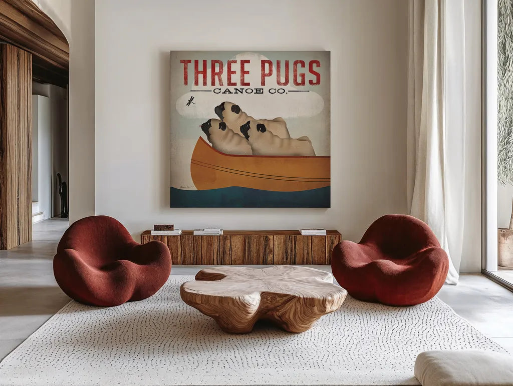 Three Pugs in a Canoe v3 by Ryan Fowler. Shown as extra-large giant wall art in a modern living room. Available as an archival giclee rolled canvas, fine art paper, or poster print. SKU 13367a.