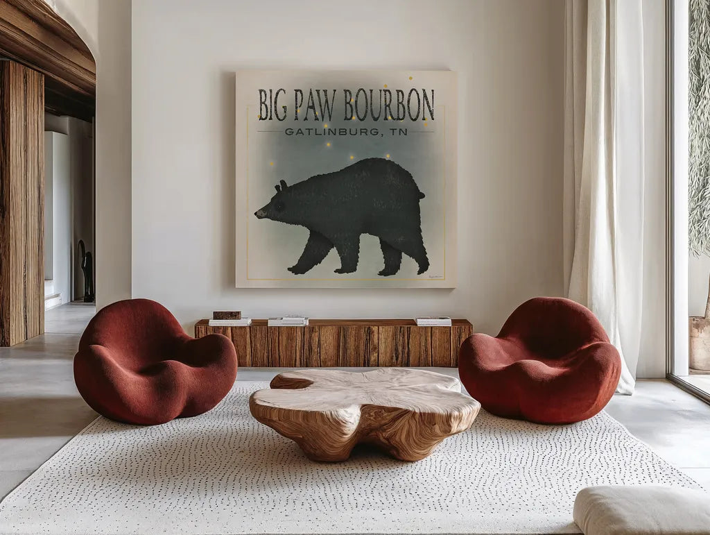 Ursa Major Big Paw Bourbon by Ryan Fowler. Shown as extra-large giant wall art in a modern living room. Available as an archival giclee rolled canvas, fine art paper, or poster print. SKU 30840a.