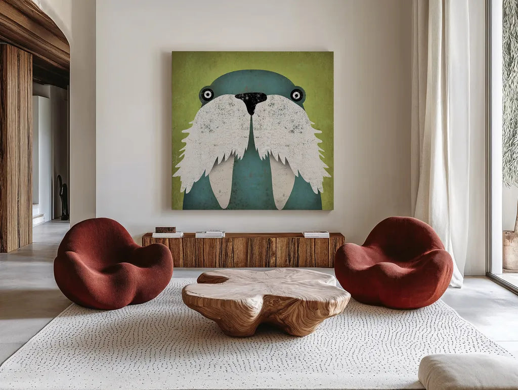 Walrus by Ryan Fowler. Shown as extra-large giant wall art in a modern living room. Available as an archival giclee rolled canvas, fine art paper, or poster print. SKU 15048a.