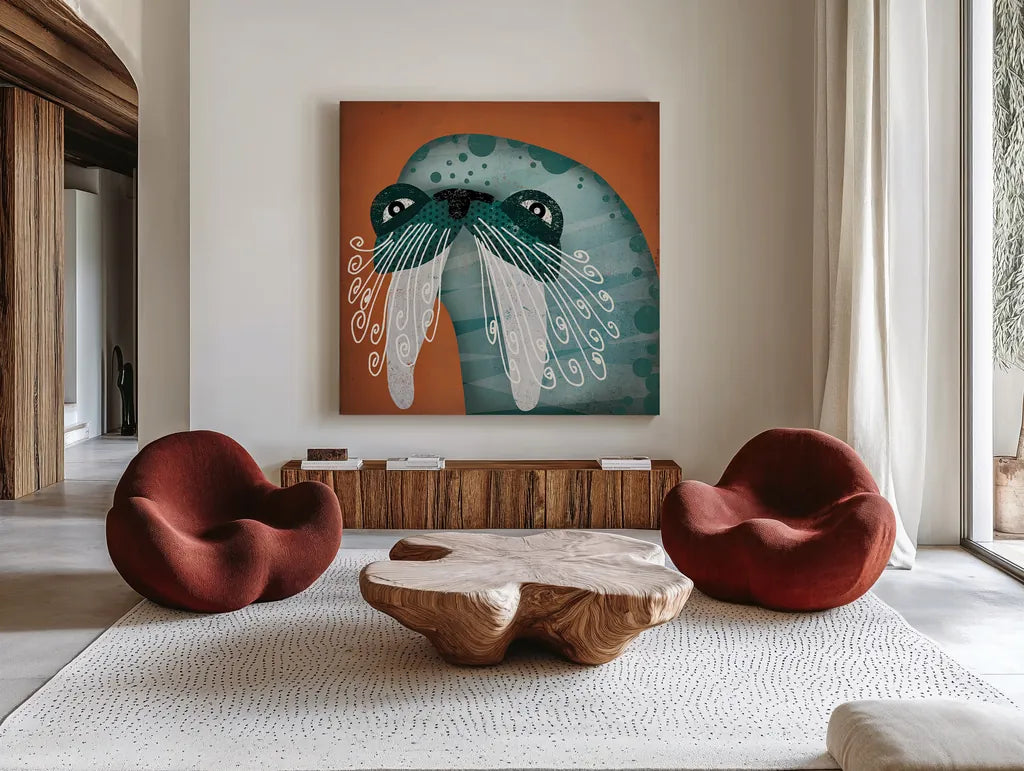 Walrus Wow by Ryan Fowler. Shown as extra-large giant wall art in a modern living room. Available as an archival giclee rolled canvas, fine art paper, or poster print. SKU 12204a.