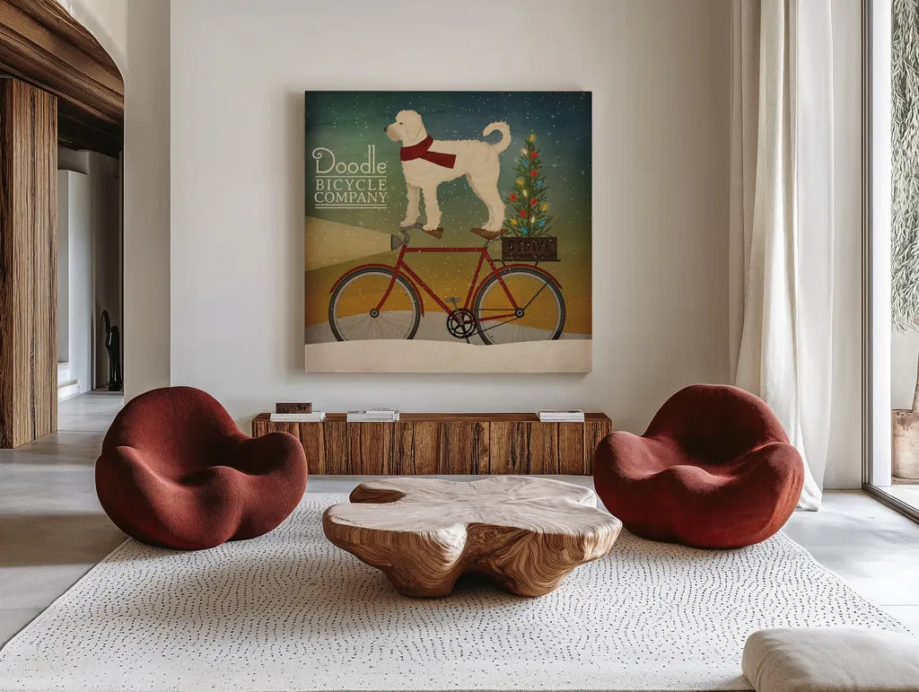 White Doodle on Bike Christmas by Ryan Fowler. Shown as extra-large giant wall art in a modern living room. Available as an archival giclee rolled canvas, fine art paper, or poster print. SKU 31275a.