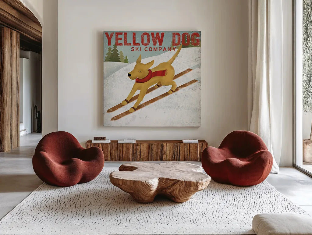 Yellow Dog Ski Co by Ryan Fowler. Shown as extra-large giant wall art in a modern living room. Available as an archival giclee rolled canvas, fine art paper, or poster print. SKU 13237a.