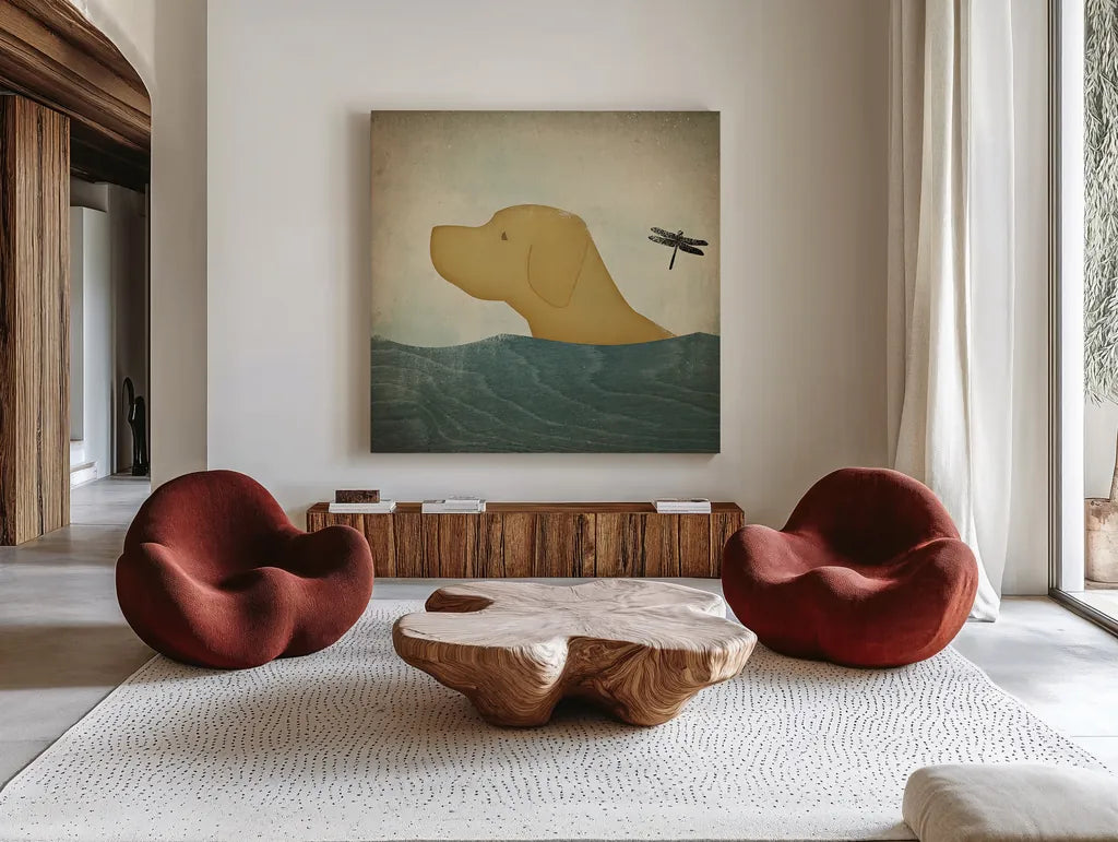Yellow Dog Swim by Ryan Fowler. Shown as extra-large giant wall art in a modern living room. Available as an archival giclee rolled canvas, fine art paper, or poster print. SKU 29763a.