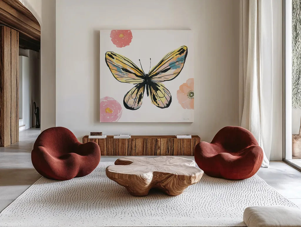 Beautiful Butterfly II Teal No Words by Sara Zieve Miller. Shown as extra-large giant wall art in a modern living room. Available as an archival giclee rolled canvas, fine art paper, or poster print. SKU 69760a.