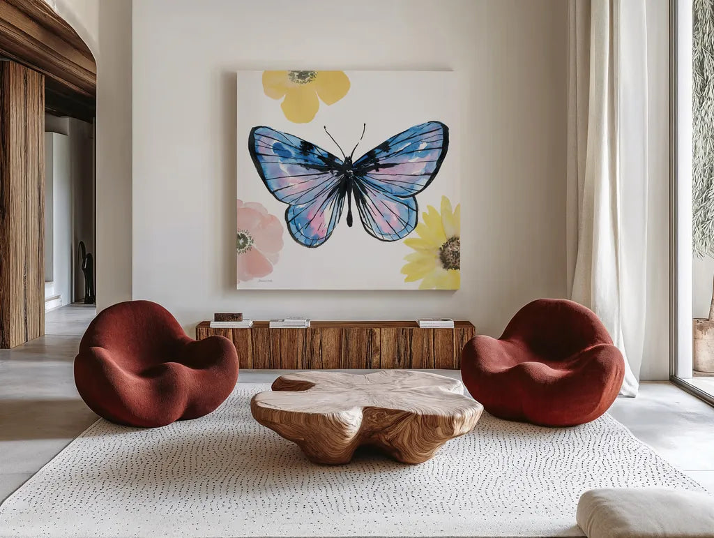 Beautiful Butterfly IV Lavender No Words by Sara Zieve Miller. Shown as extra-large giant wall art in a modern living room. Available as an archival giclee rolled canvas, fine art paper, or poster print. SKU 69762a.