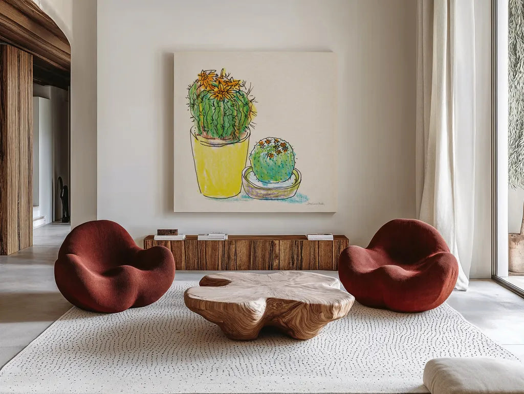 Cacti Garden IV by Sara Zieve Miller. Shown as extra-large giant wall art in a modern living room. Available as an archival giclee rolled canvas, fine art paper, or poster print. SKU 57357a.