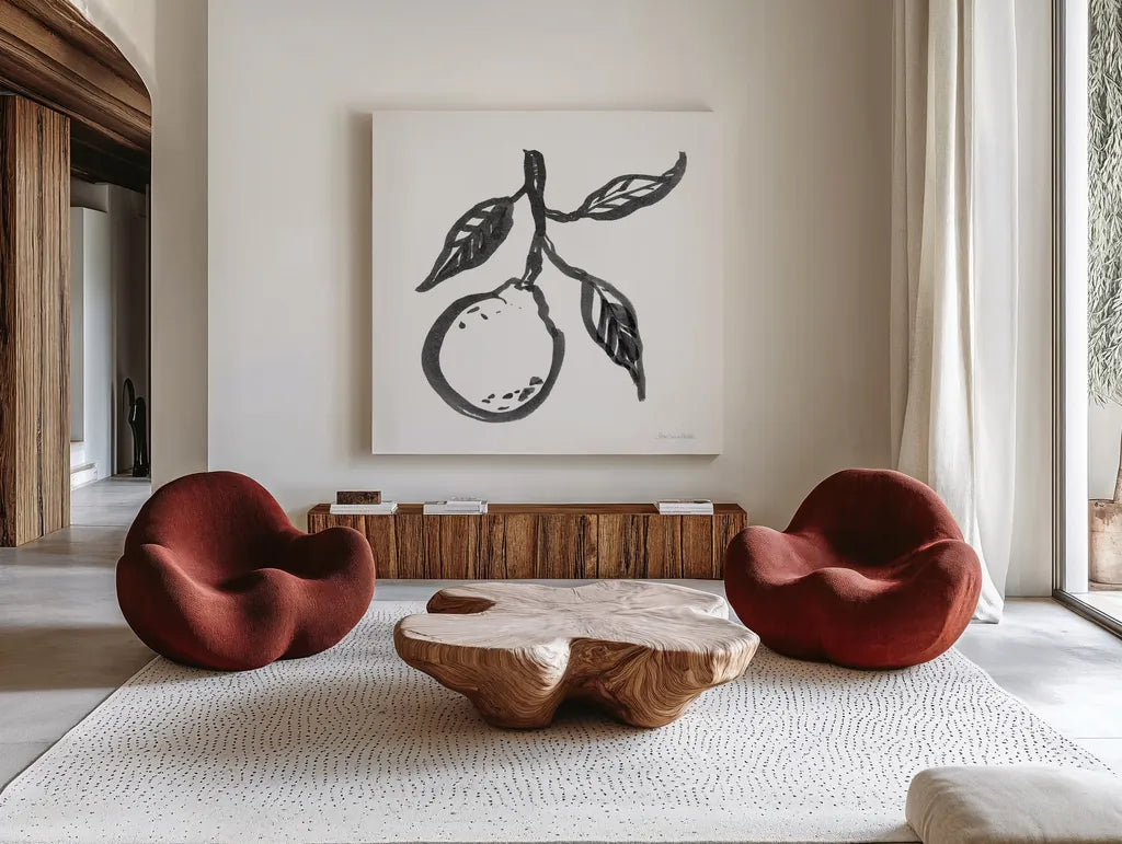 Ink Orange II by Sara Zieve Miller. Shown as extra-large giant wall art in a modern living room. Available as an archival giclee rolled canvas, fine art paper, or poster print. SKU 67963a.