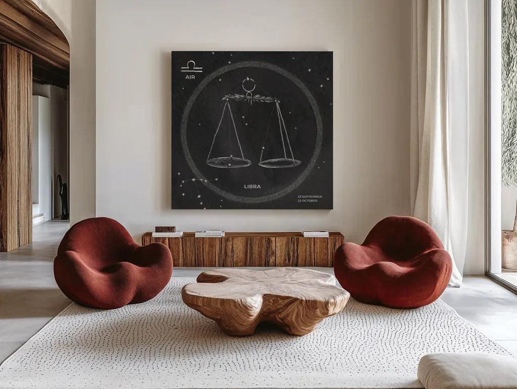 Night Sky Libra v2 by Sara Zieve Miller. Shown as extra-large giant wall art in a modern living room. Available as an archival giclee rolled canvas, fine art paper, or poster print. SKU 61178a.