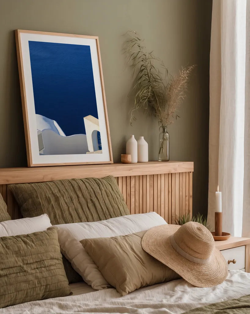 Santorini II by Sara Zieve Miller. shown as a paper print in a natural frame. Available as a archival giclee rolled canvas, fine art paper, or poster print. SKU 32112h.