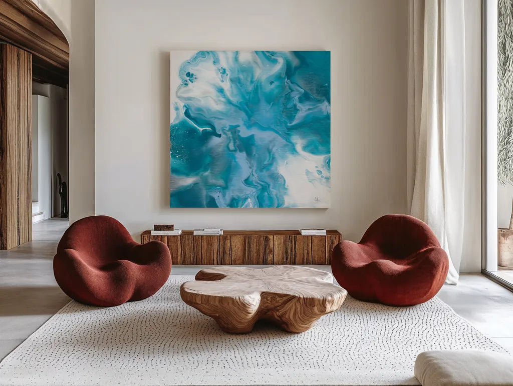 Blue Lagoon II by Sarah Adams. Shown as extra-large giant wall art in a modern living room. Available as an archival giclee rolled canvas, fine art paper, or poster print. SKU 90497a.