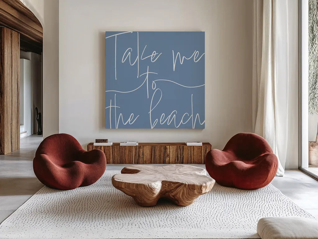 By the Beach III Light by Sarah Adams. Shown as extra-large giant wall art in a modern living room. Available as an archival giclee rolled canvas, fine art paper, or poster print. SKU 83851a.