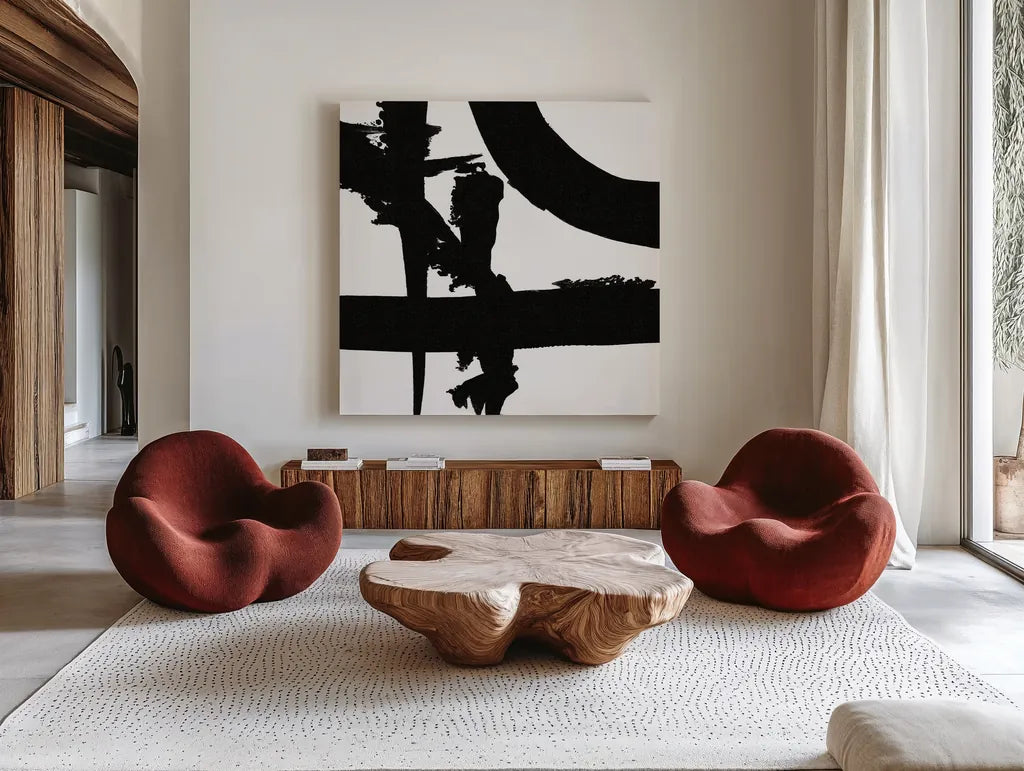 Crossing Paths II by Sarah Adams. Shown as extra-large giant wall art in a modern living room. Available as an archival giclee rolled canvas, fine art paper, or poster print. SKU 32110a.