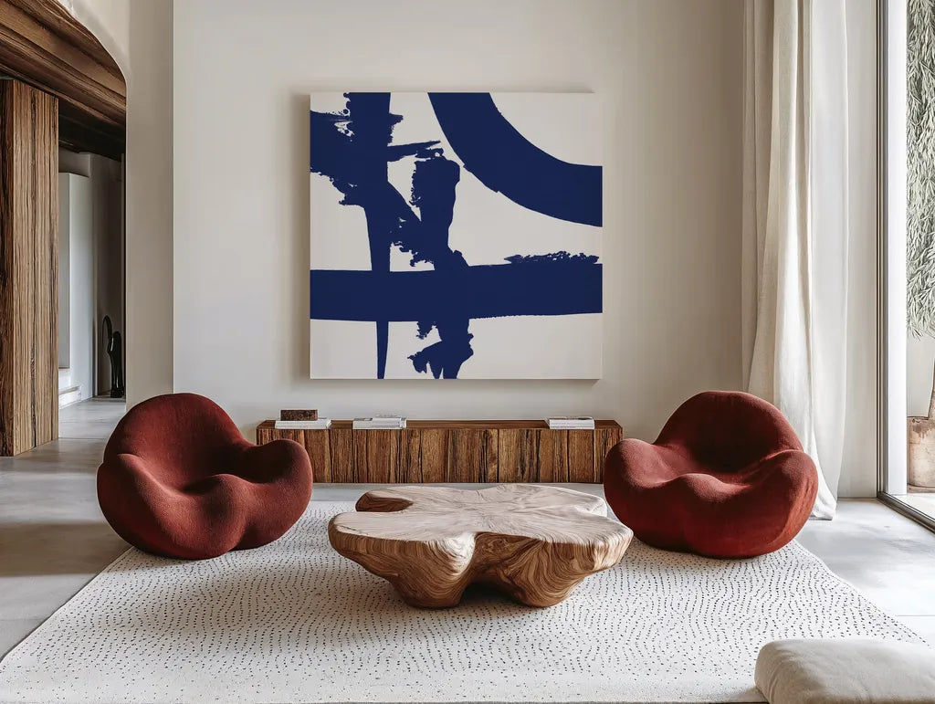 Crossing Paths II Cobalt by Sarah Adams. Shown as extra-large giant wall art in a modern living room. Available as an archival giclee rolled canvas, fine art paper, or poster print. SKU 67606a.