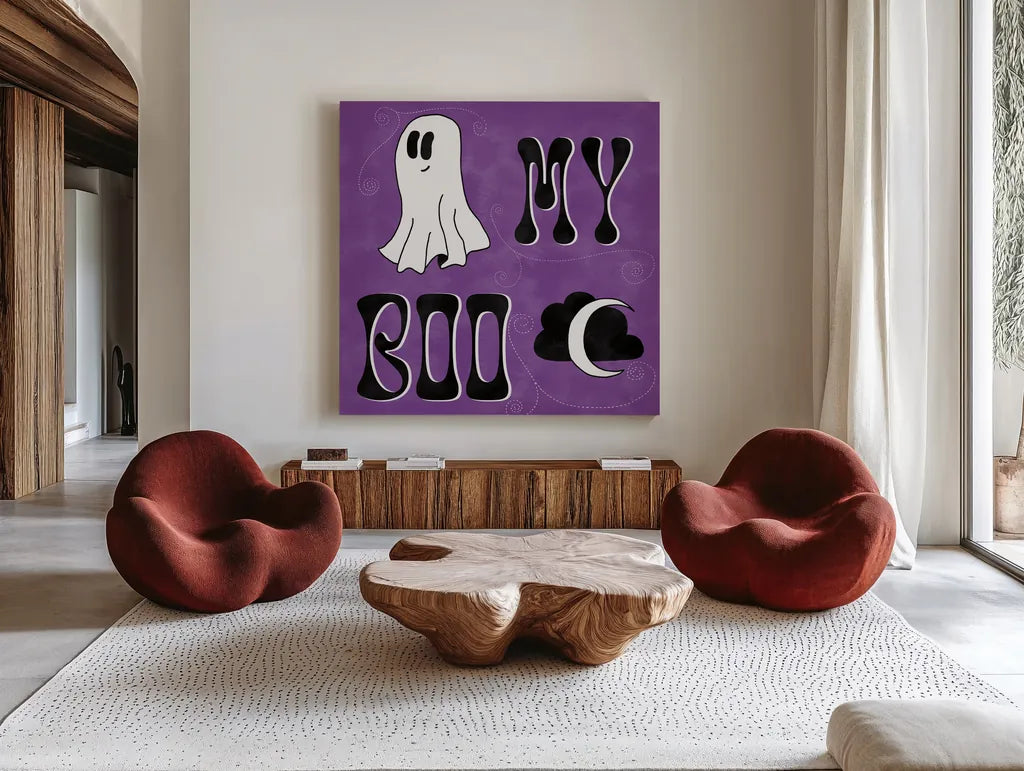 Hey Boo III by Sarah Adams. Shown as extra-large giant wall art in a modern living room. Available as an archival giclee rolled canvas, fine art paper, or poster print. SKU 85069a.