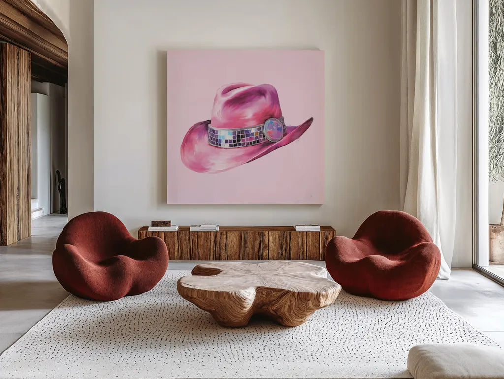 Howdy IV by Sarah Adams. Shown as extra-large giant wall art in a modern living room. Available as an archival giclee rolled canvas, fine art paper, or poster print. SKU 93242a.