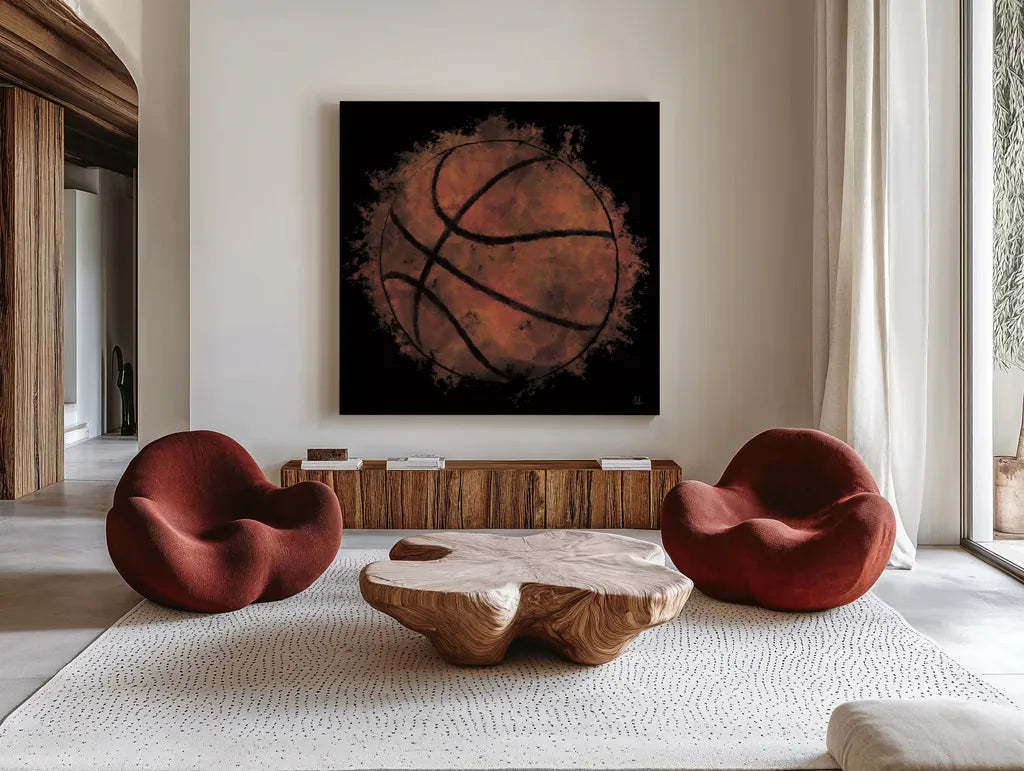 Let the Games Begin II by Sarah Adams. Shown as extra-large giant wall art in a modern living room. Available as an archival giclee rolled canvas, fine art paper, or poster print. SKU 83764a.