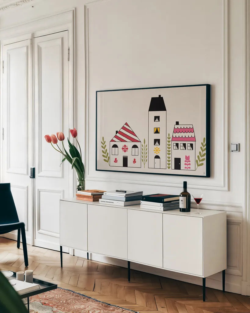 Little Houses III by Sarah Adams. shown as a framed stretched canvas in a living room above a console. Available as a archival giclee rolled canvas, fine art paper, or poster print. SKU 101676i.