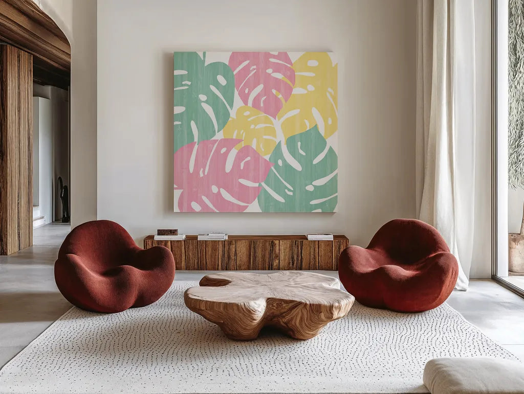 Monstera II Bright on White by Sarah Adams. Shown as extra-large giant wall art in a modern living room. Available as an archival giclee rolled canvas, fine art paper, or poster print. SKU 33648a.