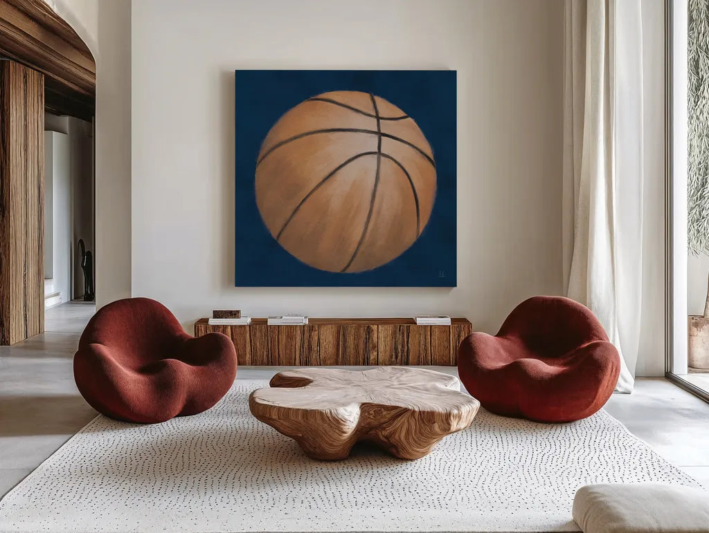 Sports Classics II by Sarah Adams. Shown as extra-large giant wall art in a modern living room. Available as an archival giclee rolled canvas, fine art paper, or poster print. SKU 95806a.