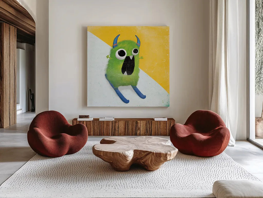 Xtreme Monsters II by Sarah Adams. Shown as extra-large giant wall art in a modern living room. Available as an archival giclee rolled canvas, fine art paper, or poster print. SKU 31228a.