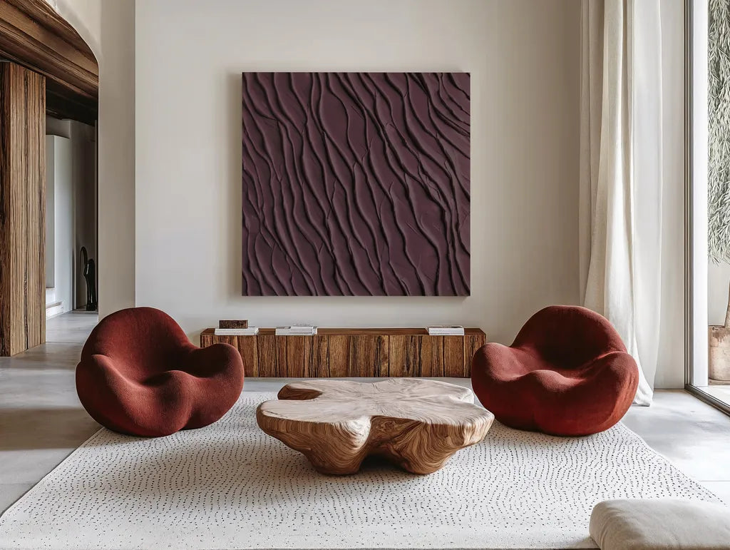 Zen Beach Dark by Sarah Adams. Shown as extra-large giant wall art in a modern living room. Available as an archival giclee rolled canvas, fine art paper, or poster print. SKU 95020a.