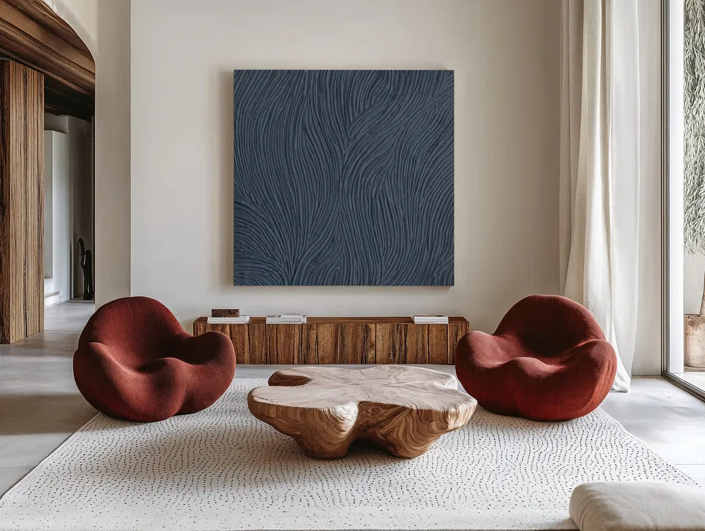 Zen Garden Dark by Sarah Adams. Shown as extra-large giant wall art in a modern living room. Available as an archival giclee rolled canvas, fine art paper, or poster print. SKU 95021a.