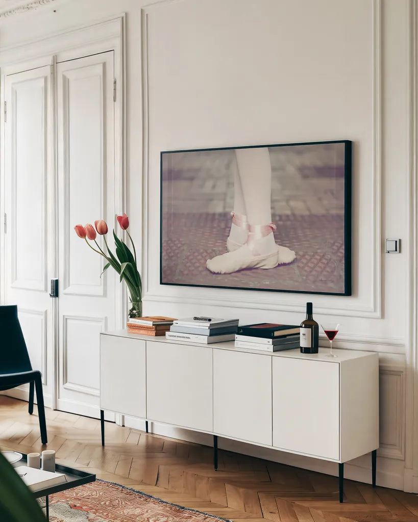 Ballet Shoes by Sharon Vardy. shown as a framed stretched canvas in a living room above a console. Available as a archival giclee rolled canvas, fine art paper, or poster print. SKU 93117i.