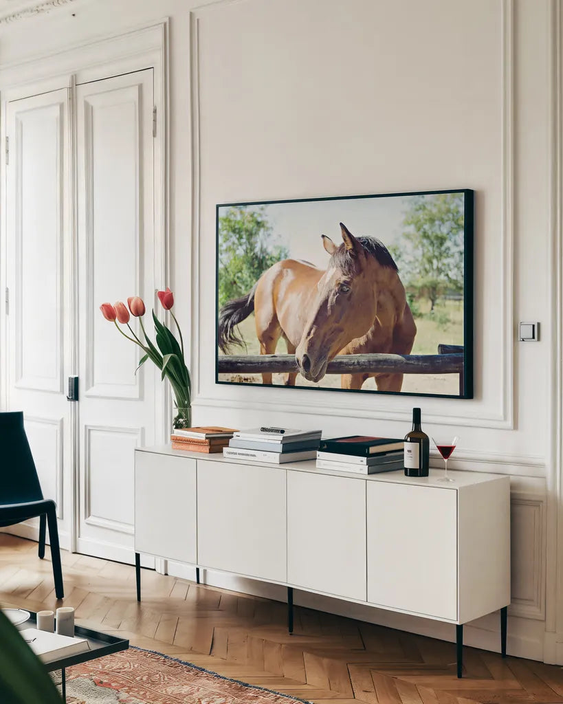 Brown Horse by Sharon Vardy. shown as a framed stretched canvas in a living room above a console. Available as a archival giclee rolled canvas, fine art paper, or poster print. SKU 92186i.