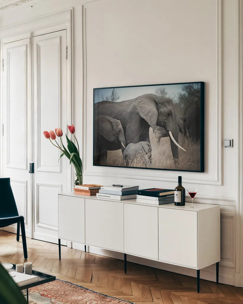 Ellie Family by Sharon Vardy. shown as a framed stretched canvas in a living room above a console. Available as a archival giclee rolled canvas, fine art paper, or poster print. SKU 92671i.
