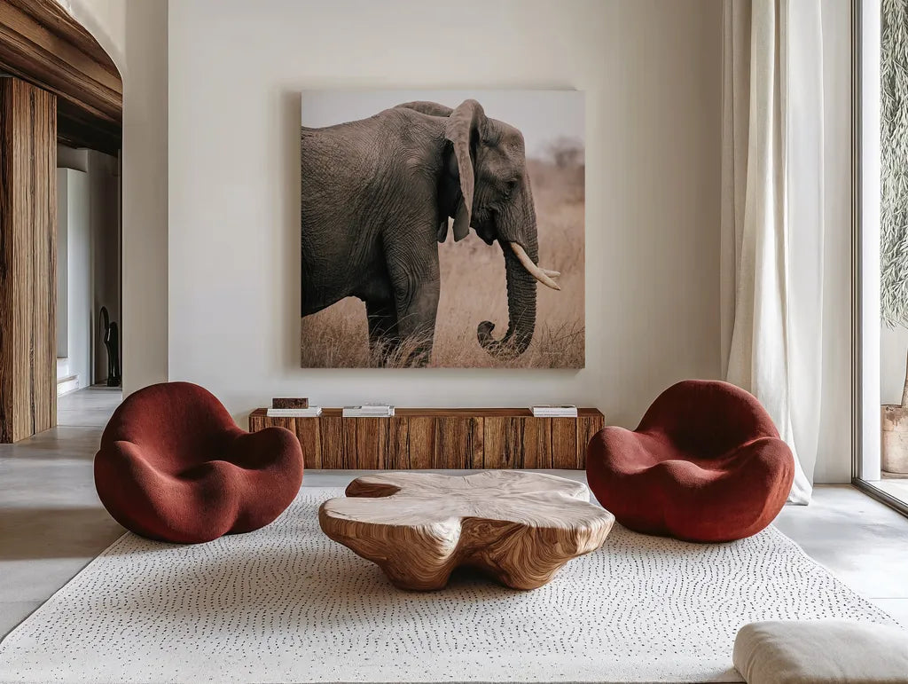 Ellie Side Profile Square by Sharon Vardy. Shown as extra-large giant wall art in a modern living room. Available as an archival giclee rolled canvas, fine art paper, or poster print. SKU 99933a.
