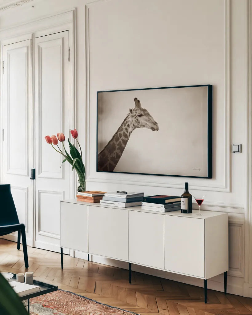 Head in the Clouds Sepia by Sharon Vardy. shown as a framed stretched canvas in a living room above a console. Available as a archival giclee rolled canvas, fine art paper, or poster print. SKU 92664i.