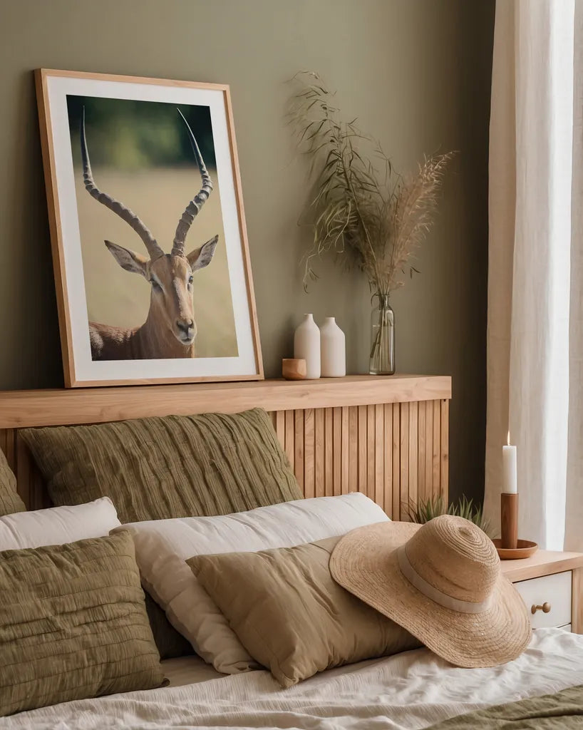 Impala Ram I by Sharon Vardy. shown as a paper print in a natural frame. Available as a archival giclee rolled canvas, fine art paper, or poster print. SKU 93125h.