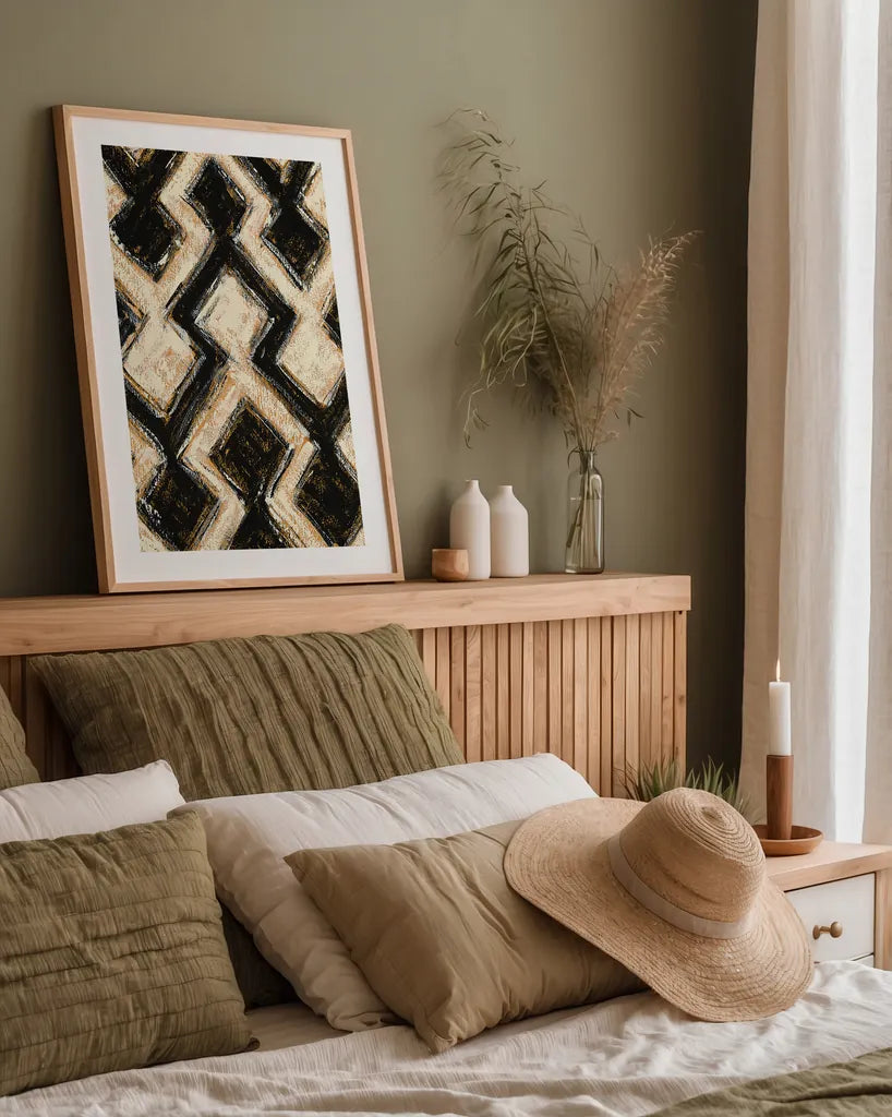 Black and Gold Geometric III by Shirley Novak. shown as a paper print in a natural frame. Available as a archival giclee rolled canvas, fine art paper, or poster print. SKU 25029h.