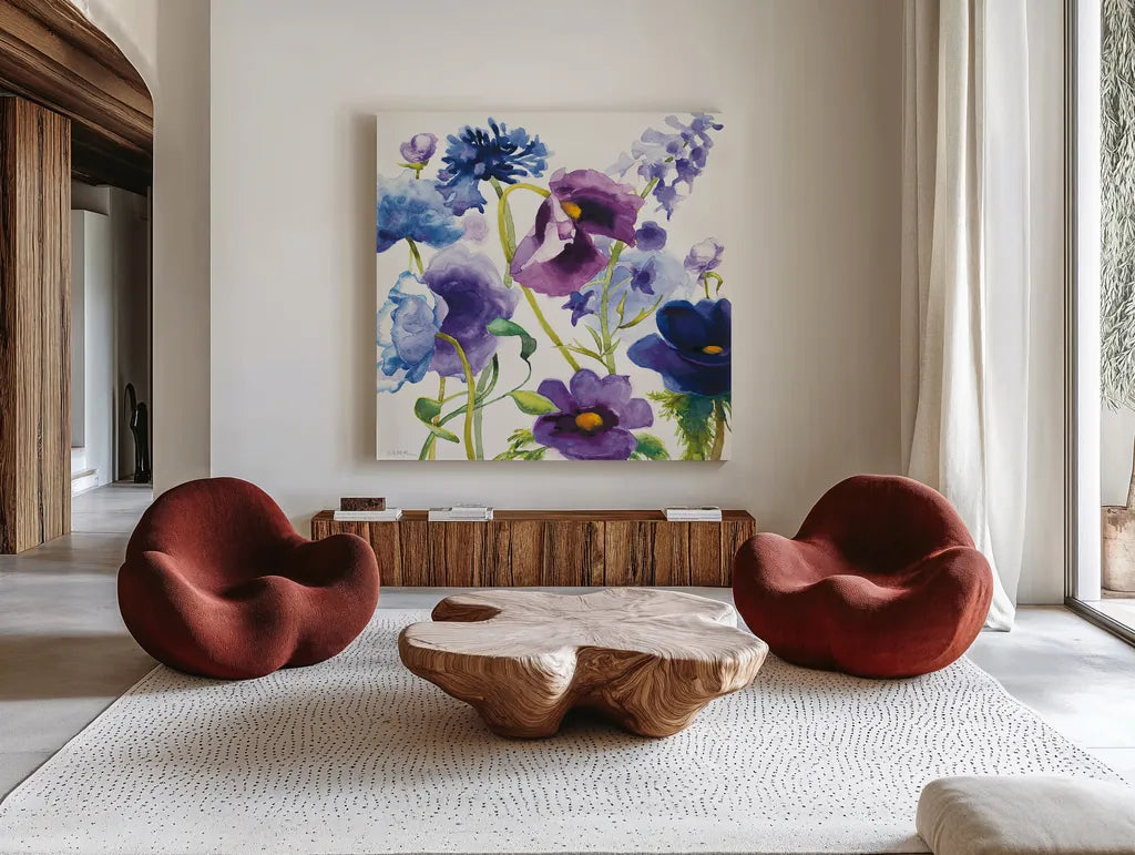 Blue and Purple Mixed Garden I by Shirley Novak. Shown as extra-large giant wall art in a modern living room. Available as an archival giclee rolled canvas, fine art paper, or poster print. SKU 14584a.