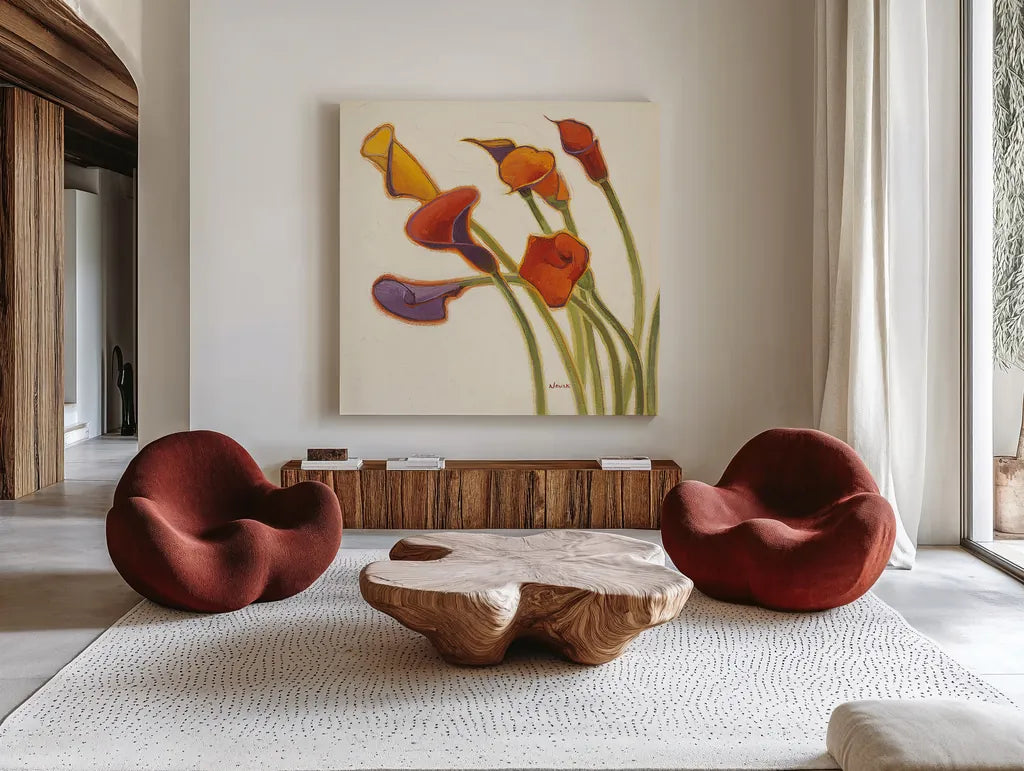 Callas in the Wind II by Shirley Novak. Shown as extra-large giant wall art in a modern living room. Available as an archival giclee rolled canvas, fine art paper, or poster print. SKU 2694a.