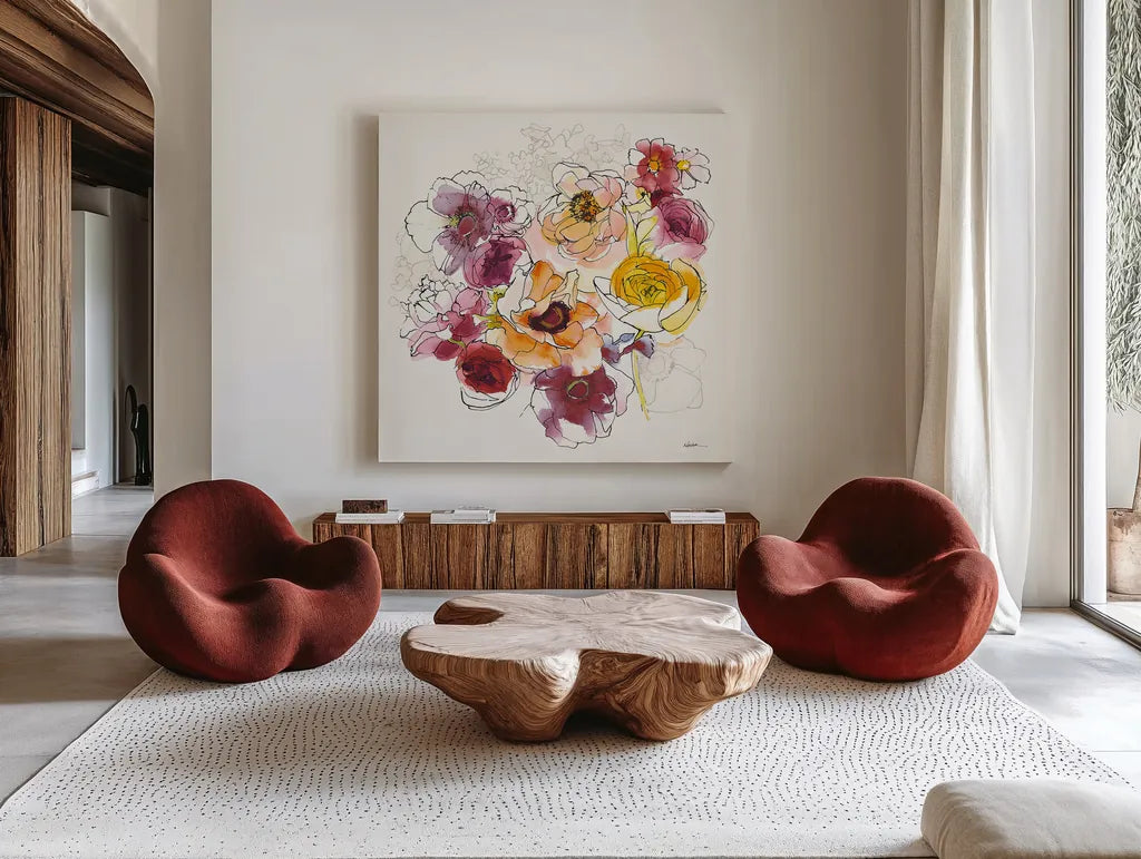 Fall Ruffles II by Shirley Novak. Shown as extra-large giant wall art in a modern living room. Available as an archival giclee rolled canvas, fine art paper, or poster print. SKU 35569a.