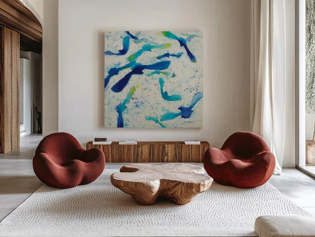 Fly Away by Shirley Novak. Shown as extra-large giant wall art in a modern living room. Available as an archival giclee rolled canvas, fine art paper, or poster print. SKU 88684a.
