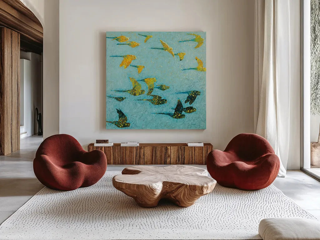 Gilded Flight by Shirley Novak. Shown as extra-large giant wall art in a modern living room. Available as an archival giclee rolled canvas, fine art paper, or poster print. SKU 88683a.