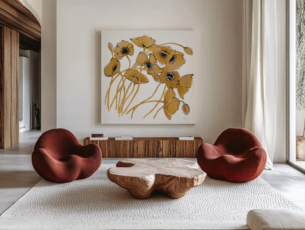 Gold Black Line Poppies II by Shirley Novak. Shown as extra-large giant wall art in a modern living room. Available as an archival giclee rolled canvas, fine art paper, or poster print. SKU 31255a.