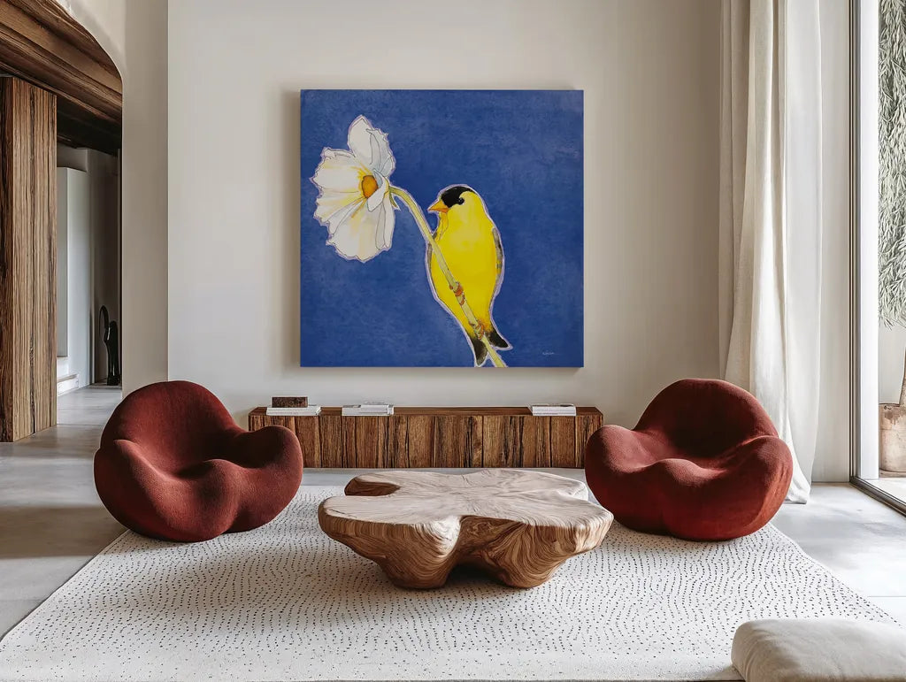 Gold Finch on White Cosmos by Shirley Novak. Shown as extra-large giant wall art in a modern living room. Available as an archival giclee rolled canvas, fine art paper, or poster print. SKU 88681a.