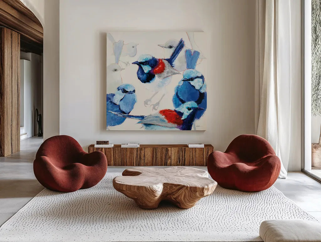 In the Layering of Wrens by Shirley Novak. Shown as extra-large giant wall art in a modern living room. Available as an archival giclee rolled canvas, fine art paper, or poster print. SKU 89493a.
