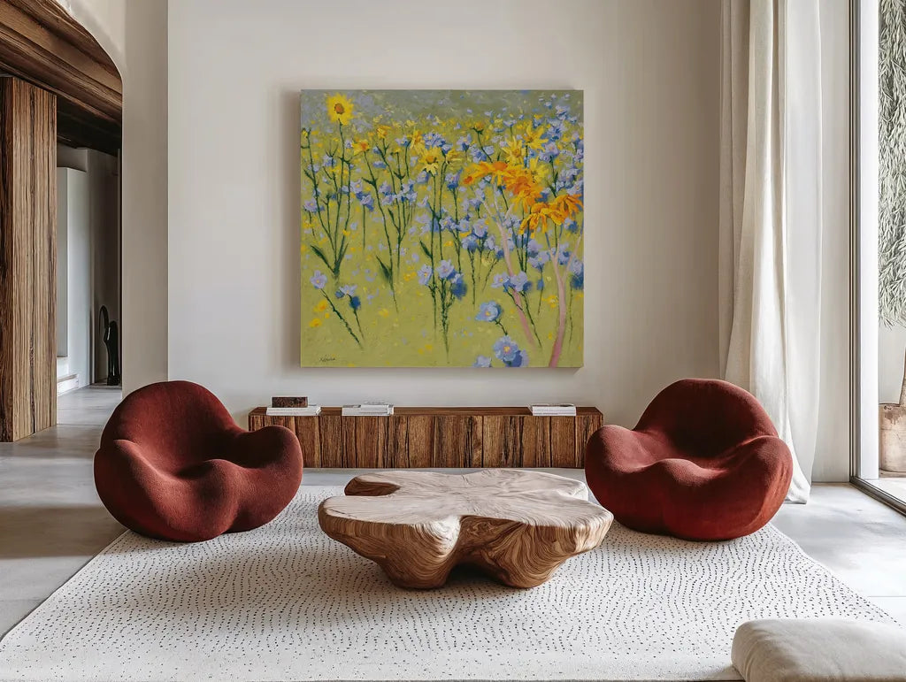 Joyful in July I by Shirley Novak. Shown as extra-large giant wall art in a modern living room. Available as an archival giclee rolled canvas, fine art paper, or poster print. SKU 46046a.