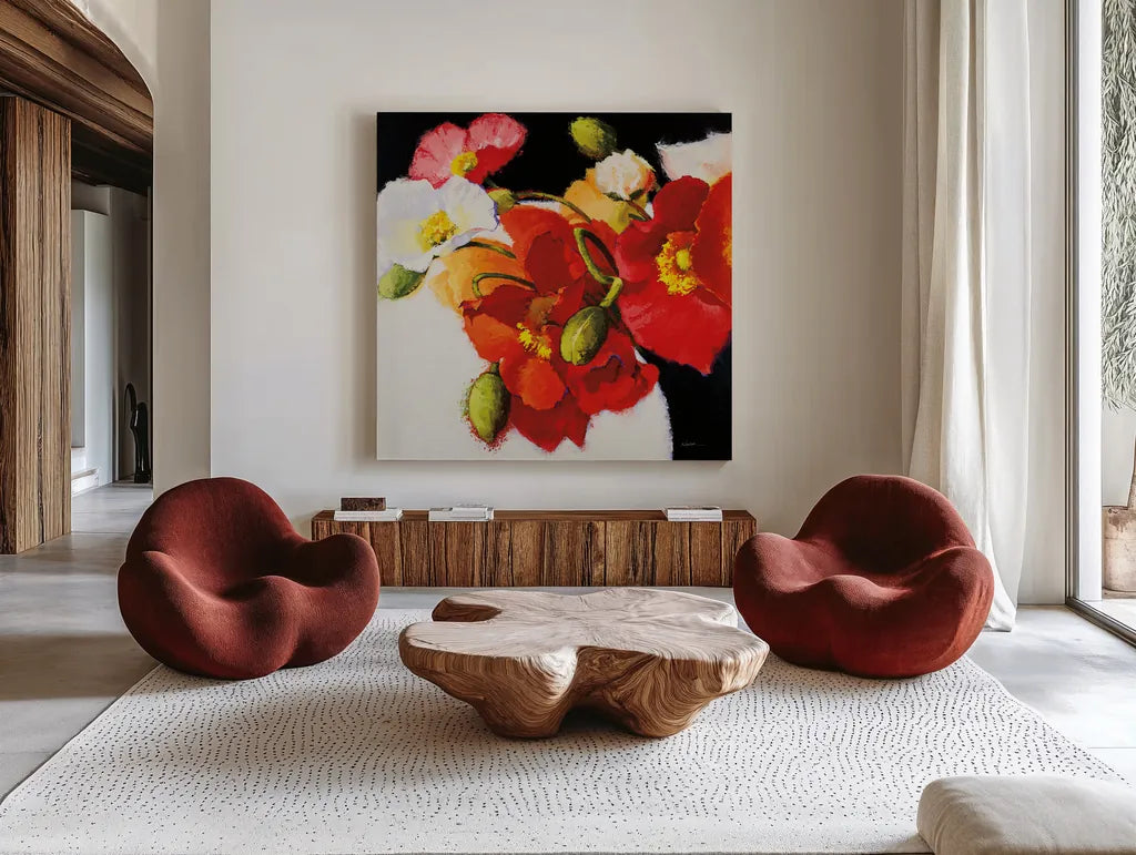 My Audacity I by Shirley Novak. Shown as extra-large giant wall art in a modern living room. Available as an archival giclee rolled canvas, fine art paper, or poster print. SKU 89329a.